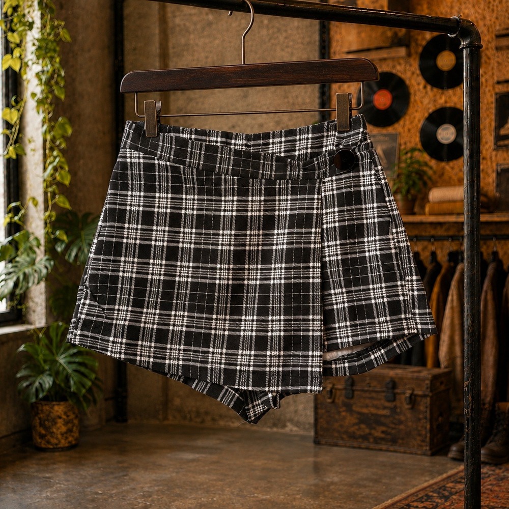 Medium Black and White Plaid Wrap Skort Mini Skirt Shorts Preppy Grunge